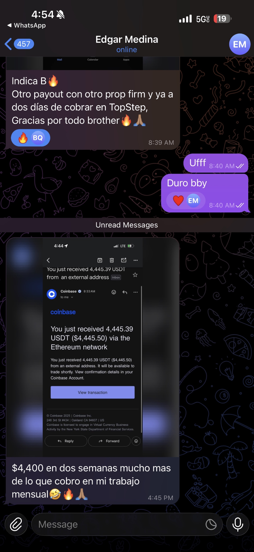 Payout $4,445 · Coinbase